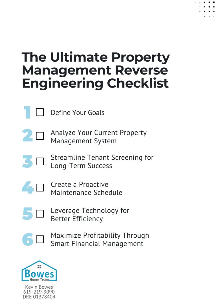 Checklist PDF for property management reverse engineering, detailing steps like defining goals, tenant screening, proactive maintenance, leveraging technology, and financial management.