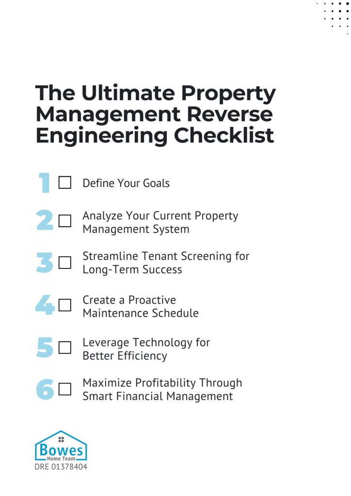 Checklist PDF for property management reverse engineering, detailing steps like defining goals, tenant screening, proactive maintenance, leveraging technology, and financial management.