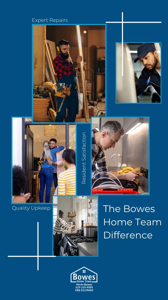 Collage showcasing expert repairs, resident satisfaction, and quality upkeep by The Bowes Home Team, a property management company.